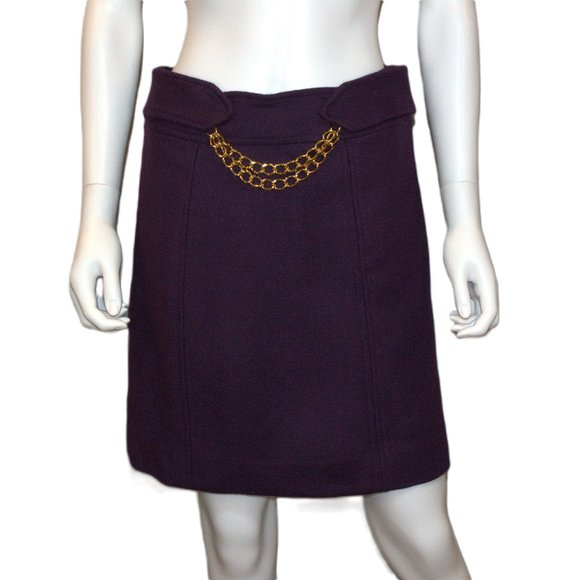 Milly of New York Wool Pencil Skirt w/ 2 Gold Chains | Silk Lined | Plum | Sz 4 - Picture 1 of 12
